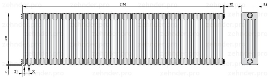 Схема (чертеж) Радиатор Zehnder Charleston 5090/46 №3370 Белый глянцевый RAL 9016